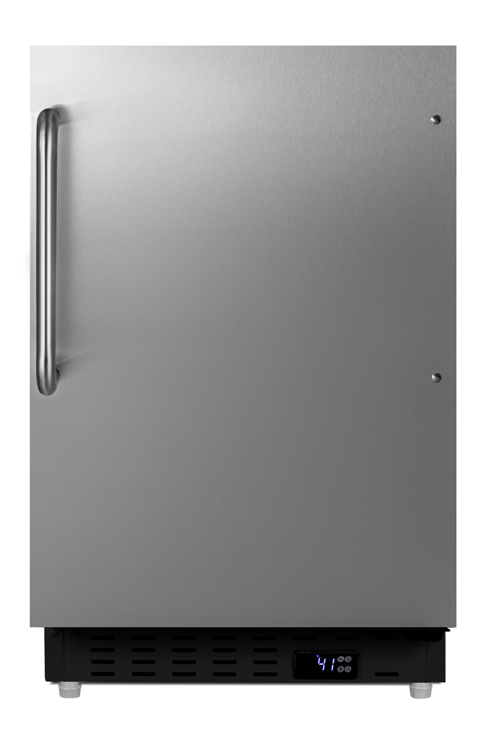Built-in undercounter ADA compliant residential all-refrigerator with stainless steel door, black cabinet, and towel bar handle, with door storage and automatic defrost operation